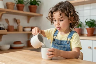 Petite fille de 4 ans versant de l'eau seule dans une cuisine Montessori, développant son autonomie au quotidien