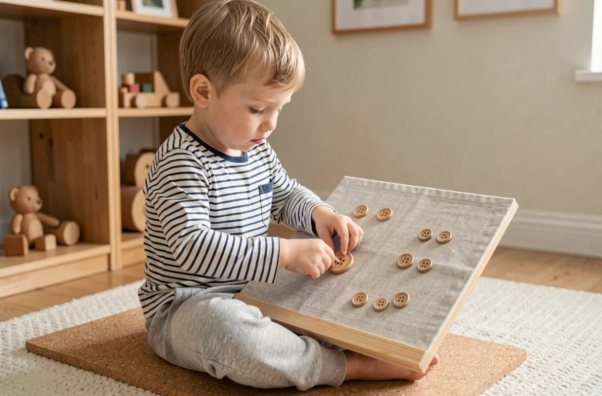 Garçon de 4 ans pratiquant un jeu de motricité fine avec un tableau de boutonnage en bois pour développer son autonomie
