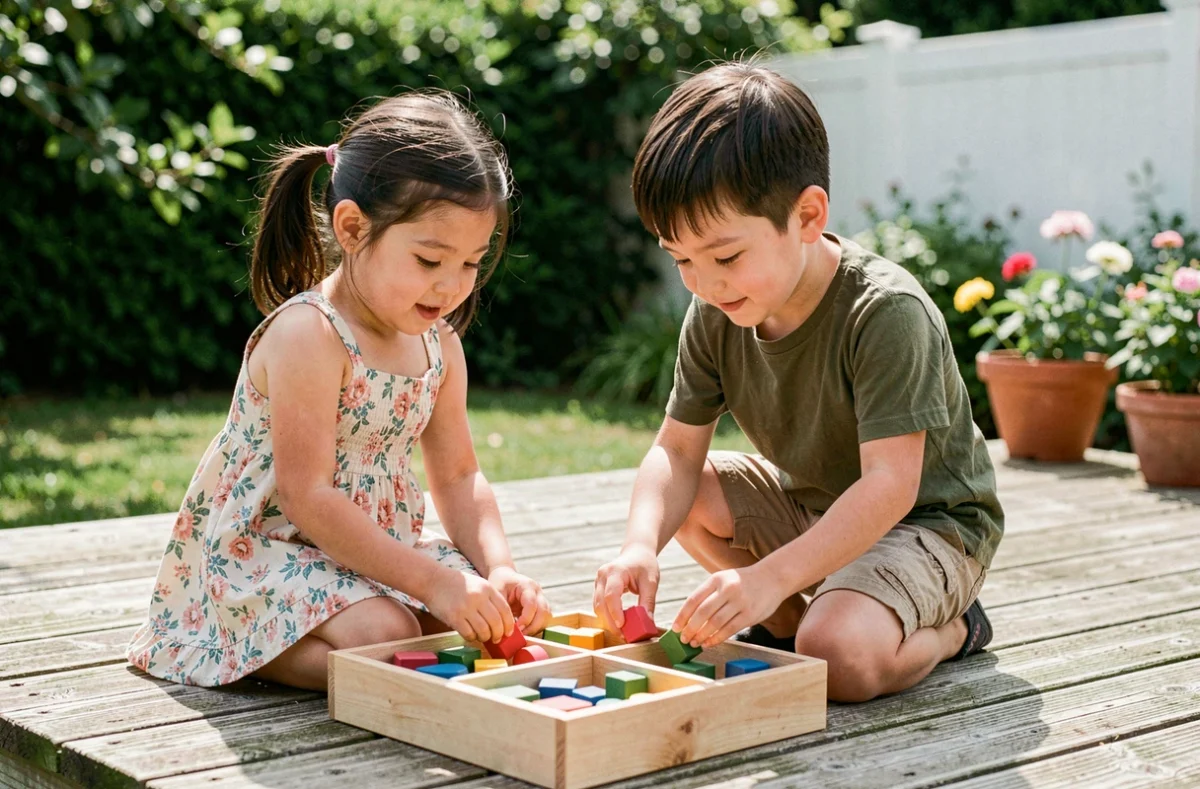 Deux enfants de 4 ans triant des formes en bois en plein air sur une terrasse, jeu éducatif pour développer l'autonomie