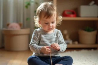 Tout-petit de 2 ans enfilant des perles en bois colorées pour développer sa motricité fine