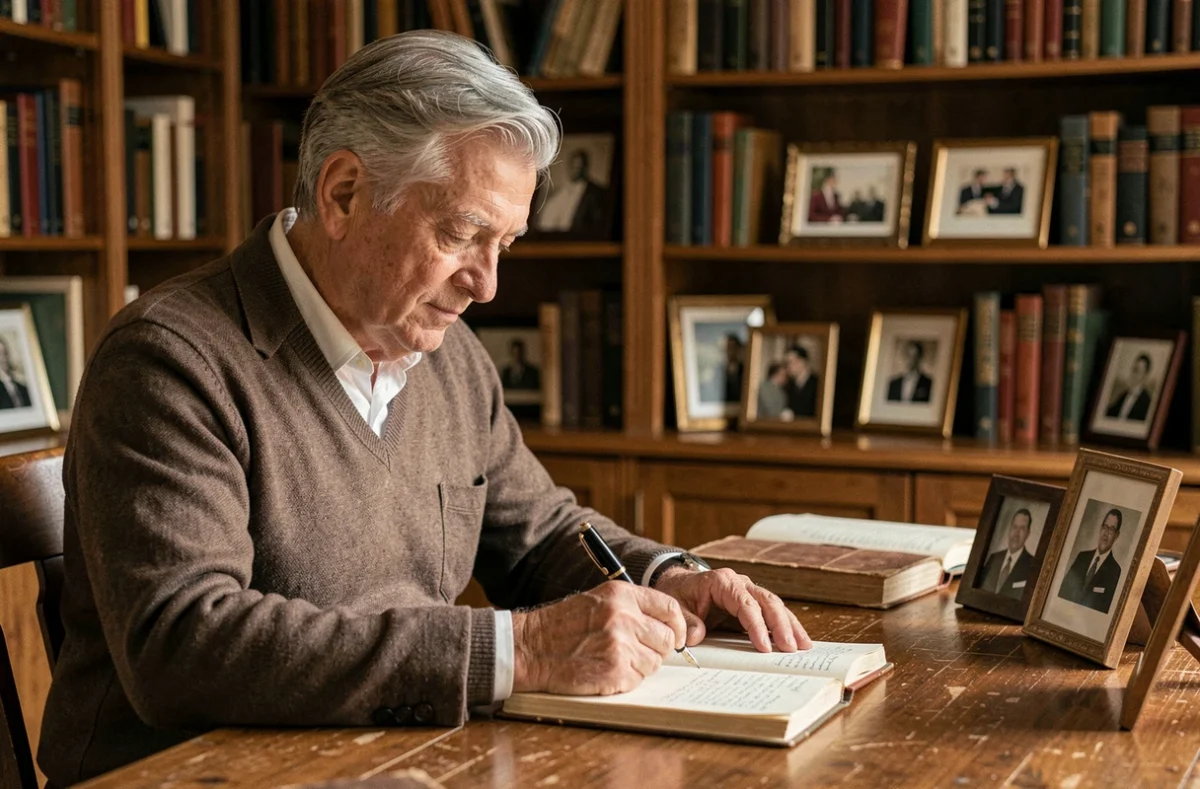 Homme réfléchi écrivant dans un bureau privé entouré de livres, symbolisant la vie discrète et intellectuelle de Jonathan Halls, époux de la journaliste Maryse Burgot