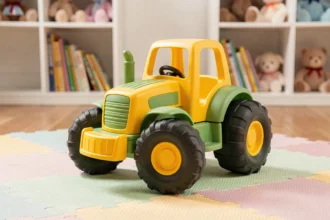 Jouet tracteur agricole coloré pour bébé posé sur un tapis de jeu doux dans une chambre d'enfant lumineuse avec des étagères en bois