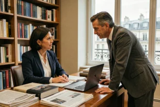 Une journaliste et son mari discutant dans un bureau parisien entouré de livres et journaux, illustrant une collaboration professionnelle dans le milieu médiatique