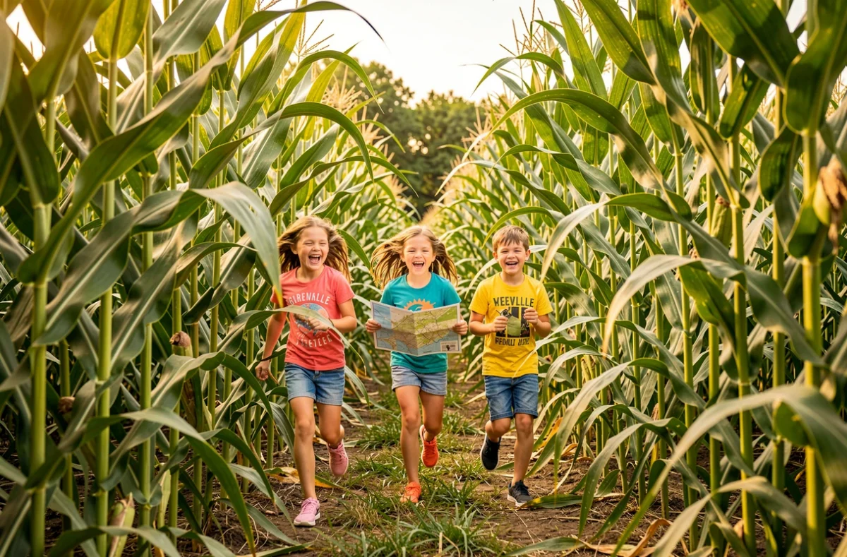 Enfants courant dans les allées du Labyrinthe de Merville en Haute-Garonne
