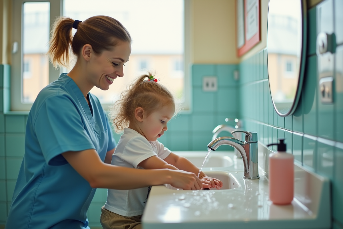 Enfant se lavant les mains dans un lavabo à hauteur adaptée en crèche