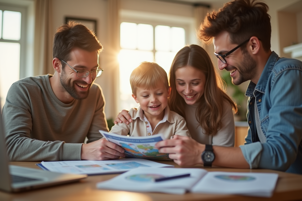 Famille lisant des brochures de voyage à la cuisine