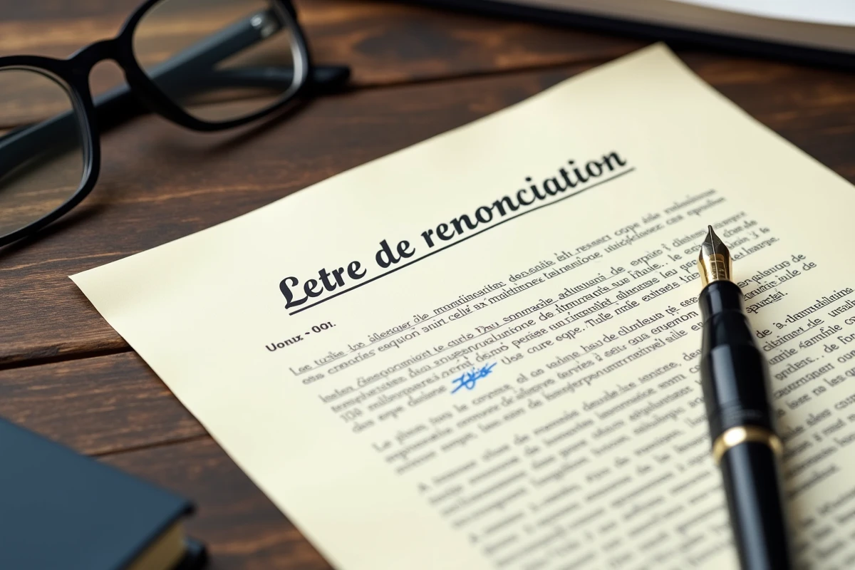 Gros plan d'une lettre de renonciation à la soulte sur papier crème avec stylo plume et documents administratifs sur bureau en chêne