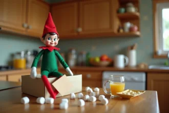 Lutin farceur posé sur une boîte de céréales dans une cuisine familiale avec des guimauves éparpillées et un mot plié