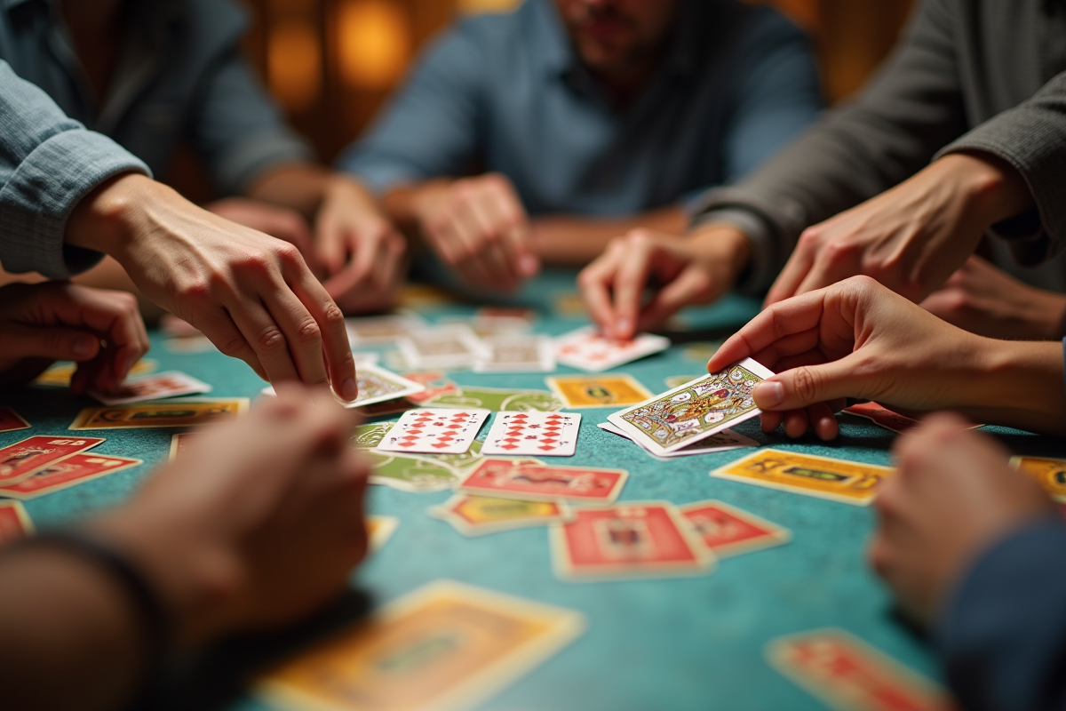 Mains atteignant les cartes sur un plateau coloré