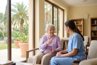 Résidente âgée souriante en conversation avec une soignante dans le salon confortable d'une maison de retraite à Nice