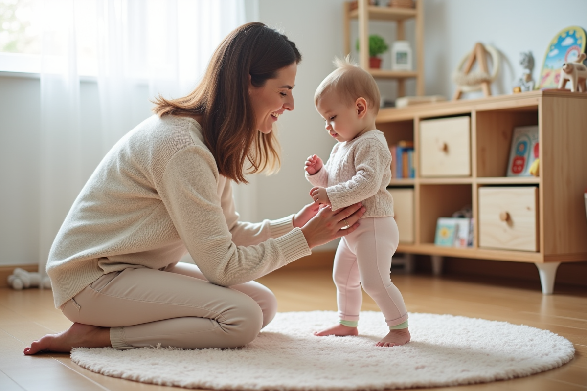Maman aidant sa fille de 20 mois à se tenir debout dans la nurserie
