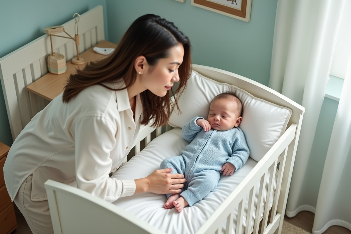 Jeune maman déposant son bébé endormi dans un lit blanc