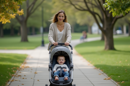 Jeune maman poussant une poussette dans un parc