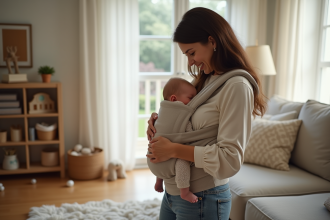 Jeune maman avec bébé dans un porte-bébé confortable