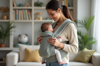 Jeune maman examine un porte-bébé moderne dans un salon chaleureux