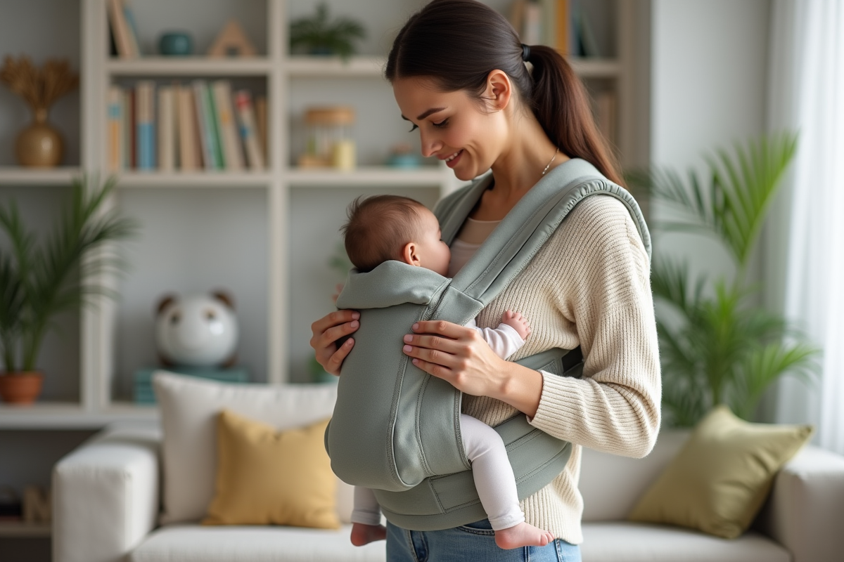 Jeune maman examine un porte-bébé moderne dans un salon chaleureux