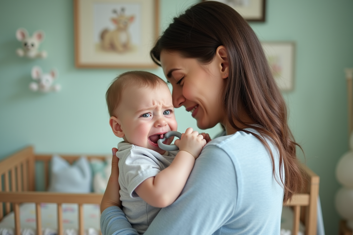 Maman fatiguée tenant sa fille en pleine dentition dans une nurserie
