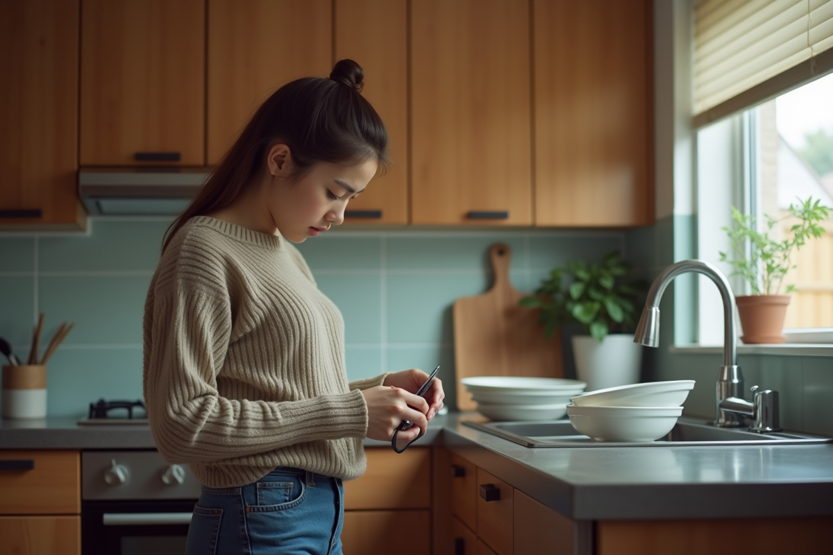 Jeune mère dans la cuisine regardant l