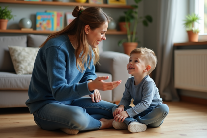 Maman et son fils en pleine discussion dans le salon