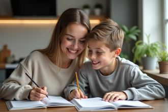 Mère et enfant faisant leurs devoirs à la cuisine