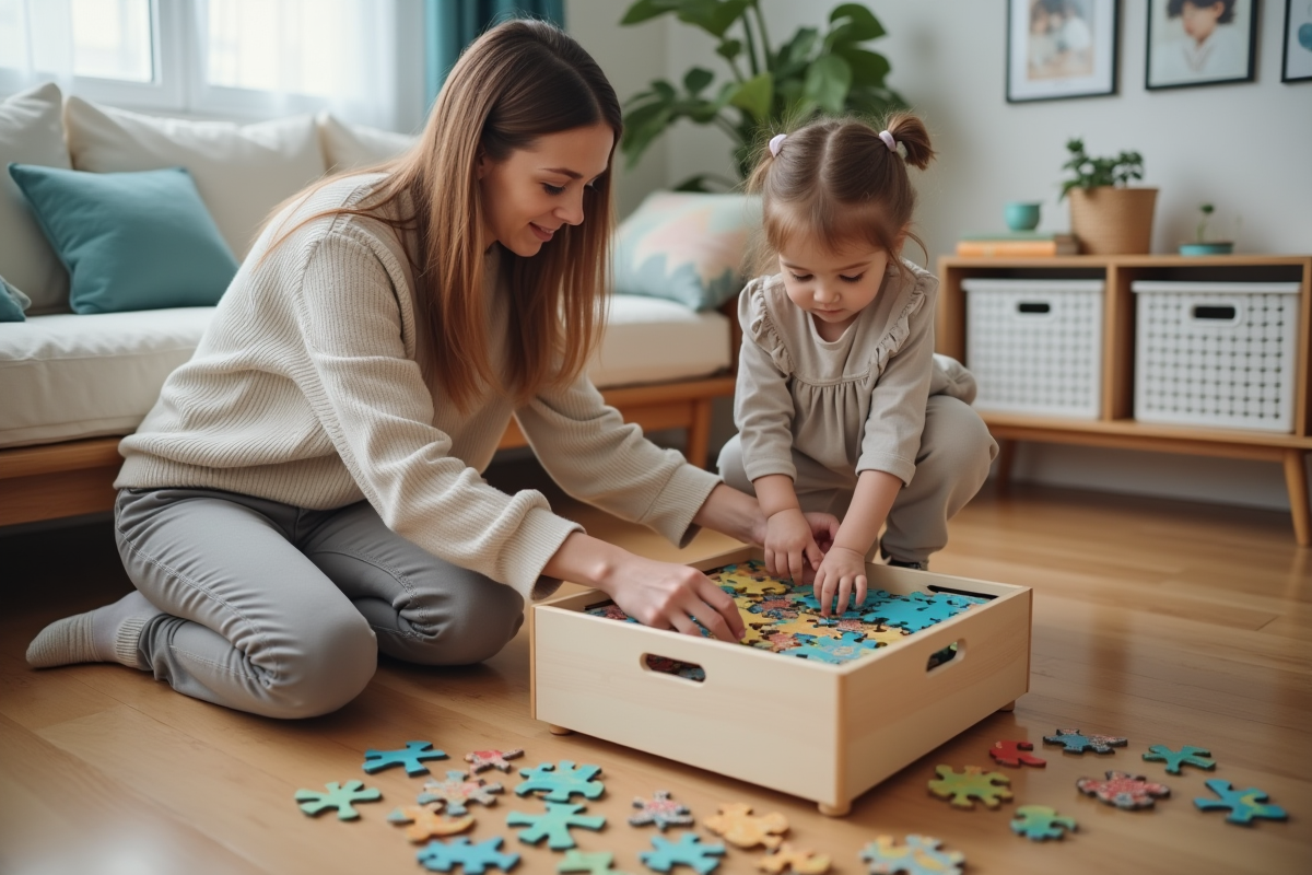 Mère aidant sa fille à ranger des puzzles dans le salon chaleureux