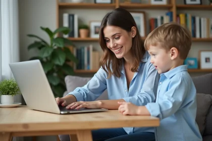 Maman souriante avec son enfant regardant le site Meudon