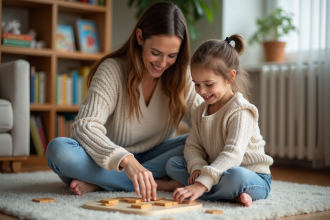 Maman et fille construisent un puzzle en famille