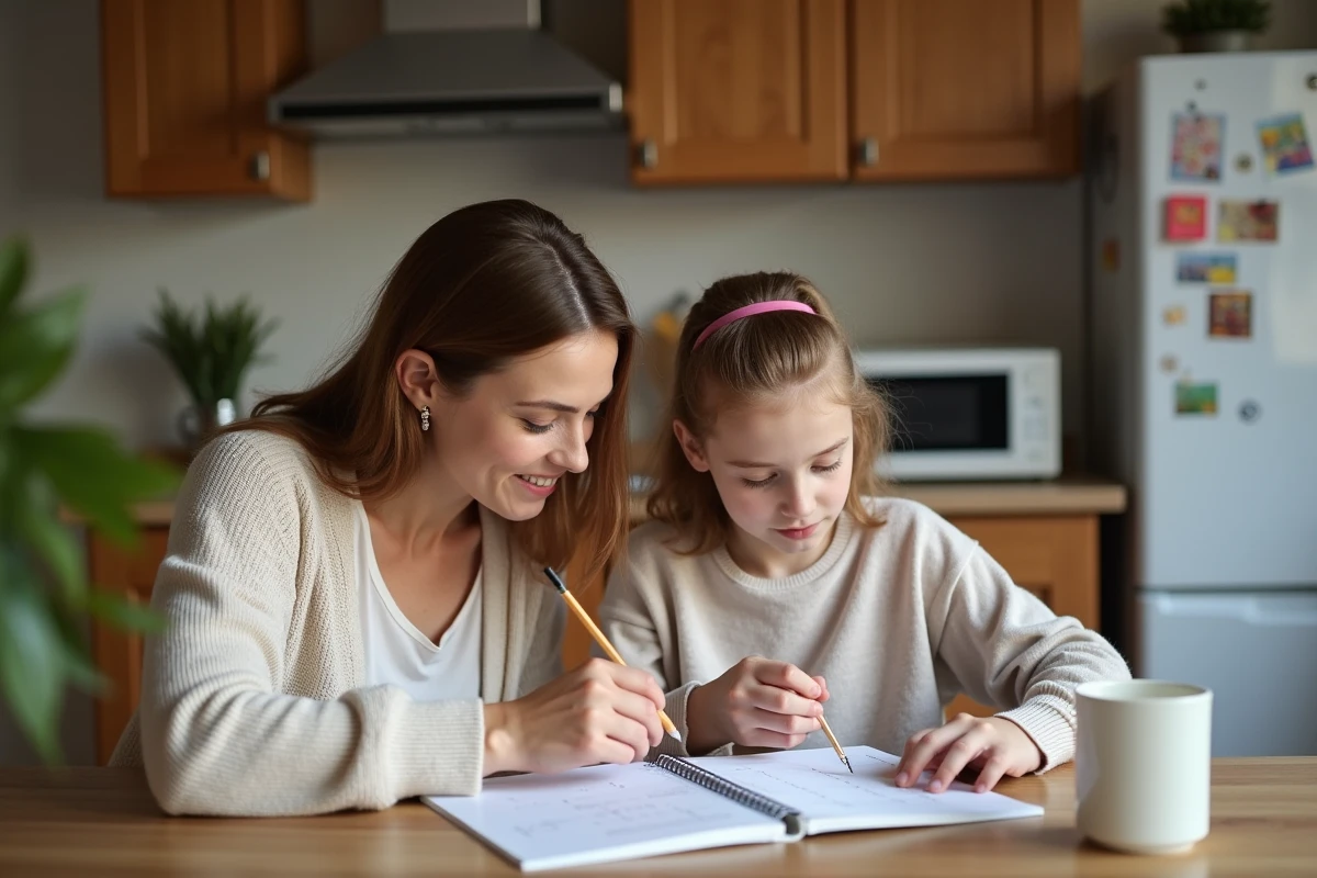 Maman et fille consultent un calendrier scolaire à la maison