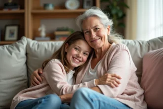Mère et fille souriantes dans un câlin chaleureux à la maison