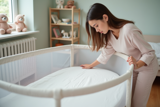 Jeune maman ajustant un lit parapluie dans une nurserie moderne