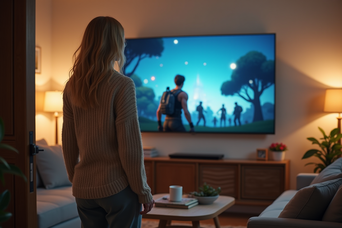Mère observant son enfant jouer à Fortnite dans le salon
