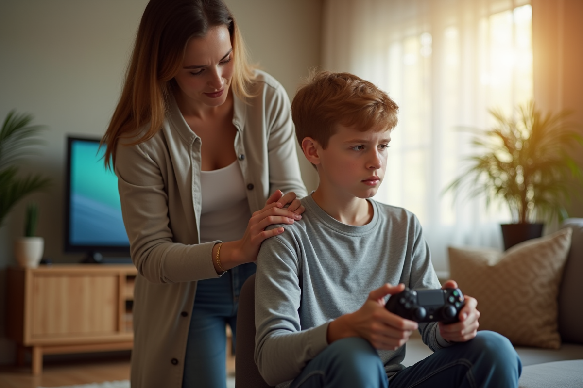 Mère rassurante avec son adolescent dans le salon lumineux