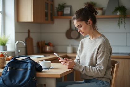 Maman inquiète vérifiant un suivi d'enfant à la maison