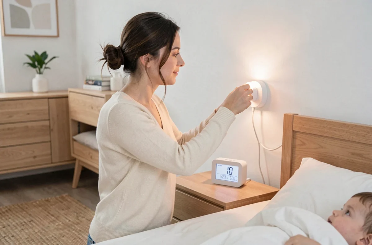 Maman installant une veilleuse murale dans une chambre d'enfant de style scandinave avec mobilier en bois clair