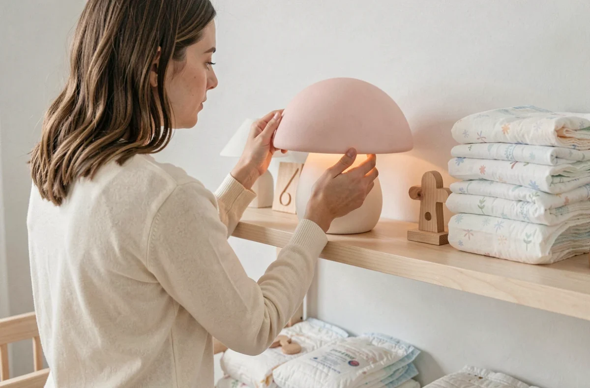 Jeune maman installant une veilleuse musicale sans ondes sur une étagère au-dessus d'une table à langer dans une chambre de bébé moderne