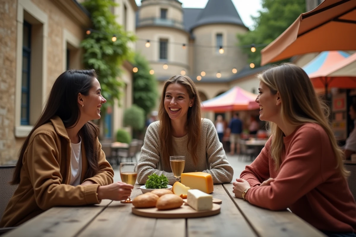 Groupe d'amis partageant des produits locaux artisanaux dans la cour d'un château reconverti en marché de week-end en Île-de-France
