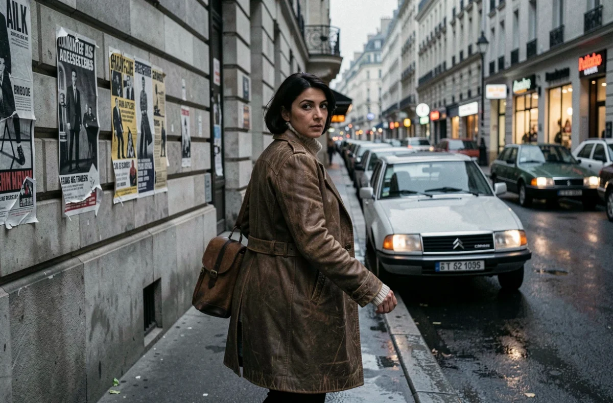 Une femme à l'allure furtive marchant dans une rue parisienne sous la pluie dans les années 1970, symbolisant la cavale et la fuite aux côtés de Mesrine