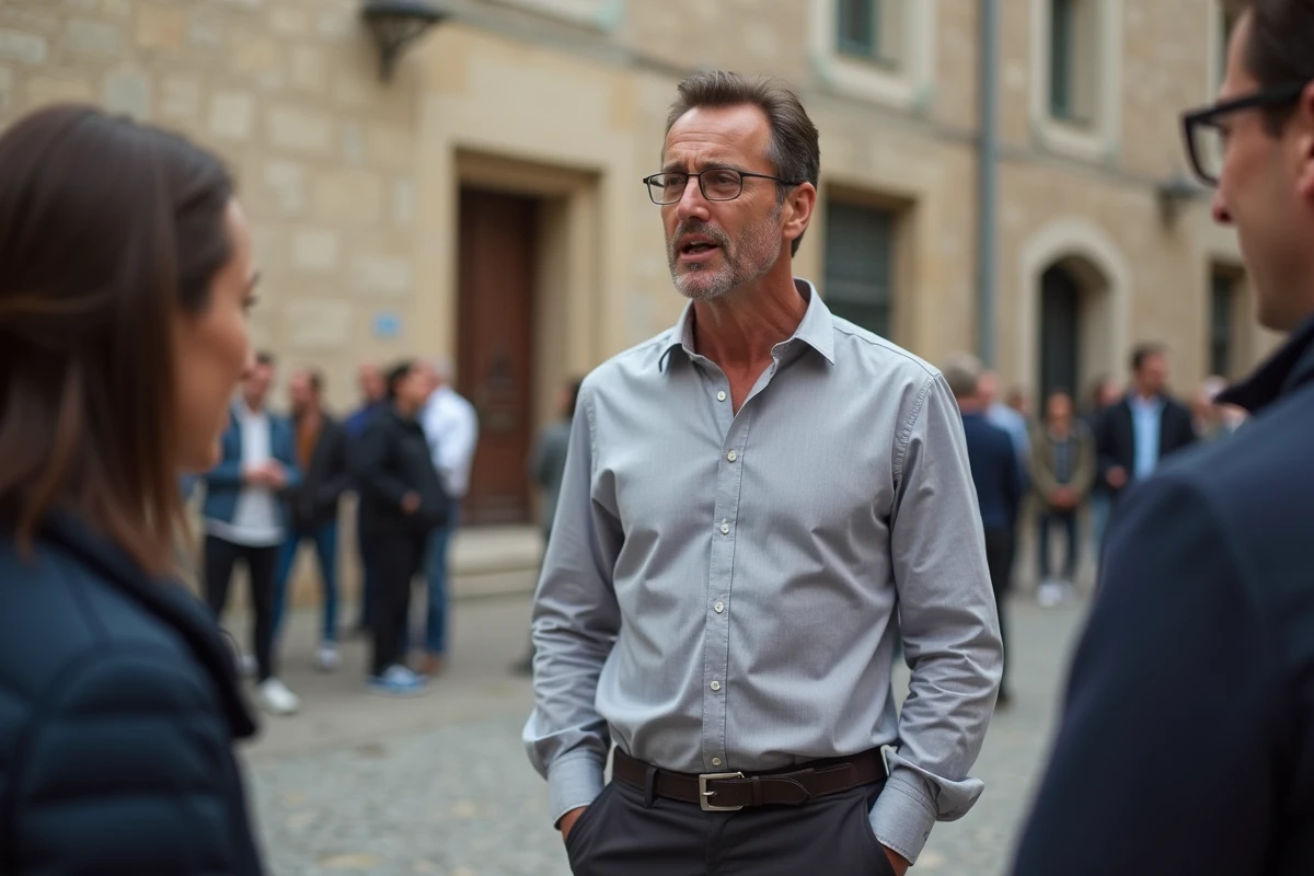 Homme politique français en tenue décontractée engageant la conversation avec des citoyens sur une place publique lors d'un forum communautaire