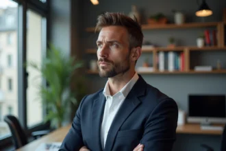 Portrait professionnel d'un homme politique français en blazer marine dans un bureau parisien moderne, regard pensif et posture assurée