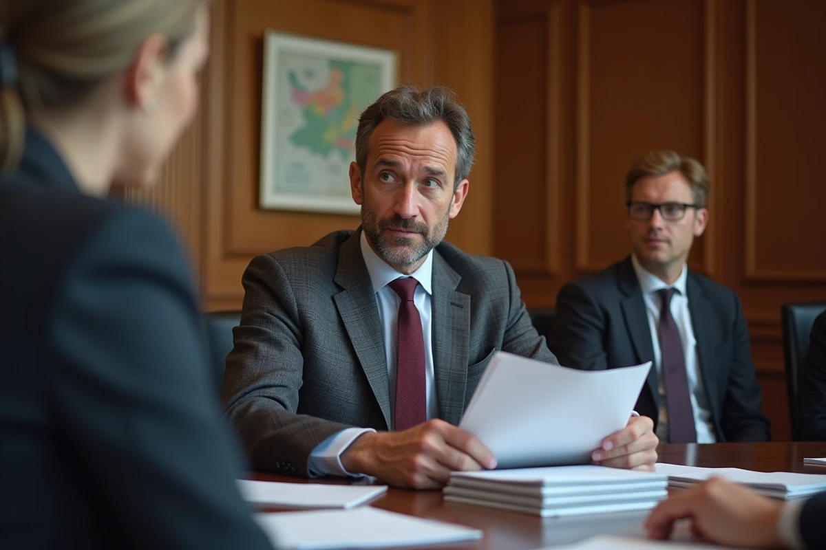 Homme politique français en costume charbon concentré lors d'une réunion institutionnelle, examinant des documents dans une salle de conférence contemporaine