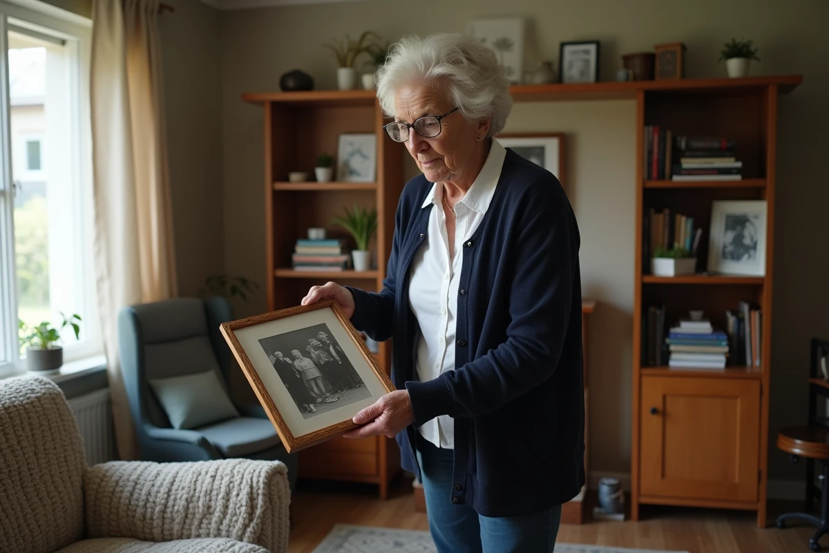 Femme âgée rangeant une photo de famille dans un salon familier, évoquant la mémoire et la reconstruction d'une vie après le deuil