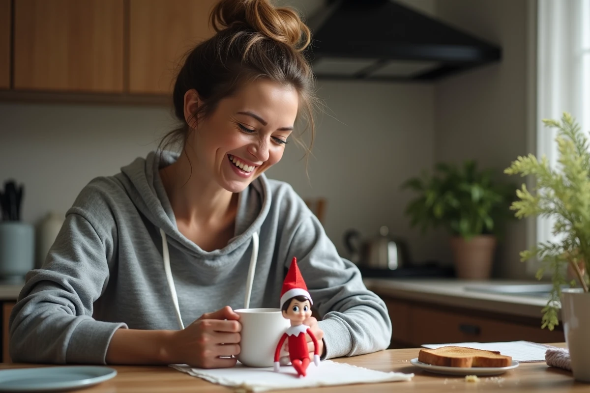 Mère souriante découvrant la blague d'un lutin de Noël assis dans sa tasse de café le matin