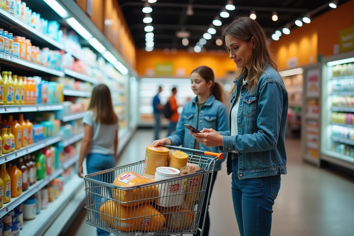 Mère de famille nombreuse comparant les prix avec son smartphone dans un supermarché pour optimiser ses dépenses