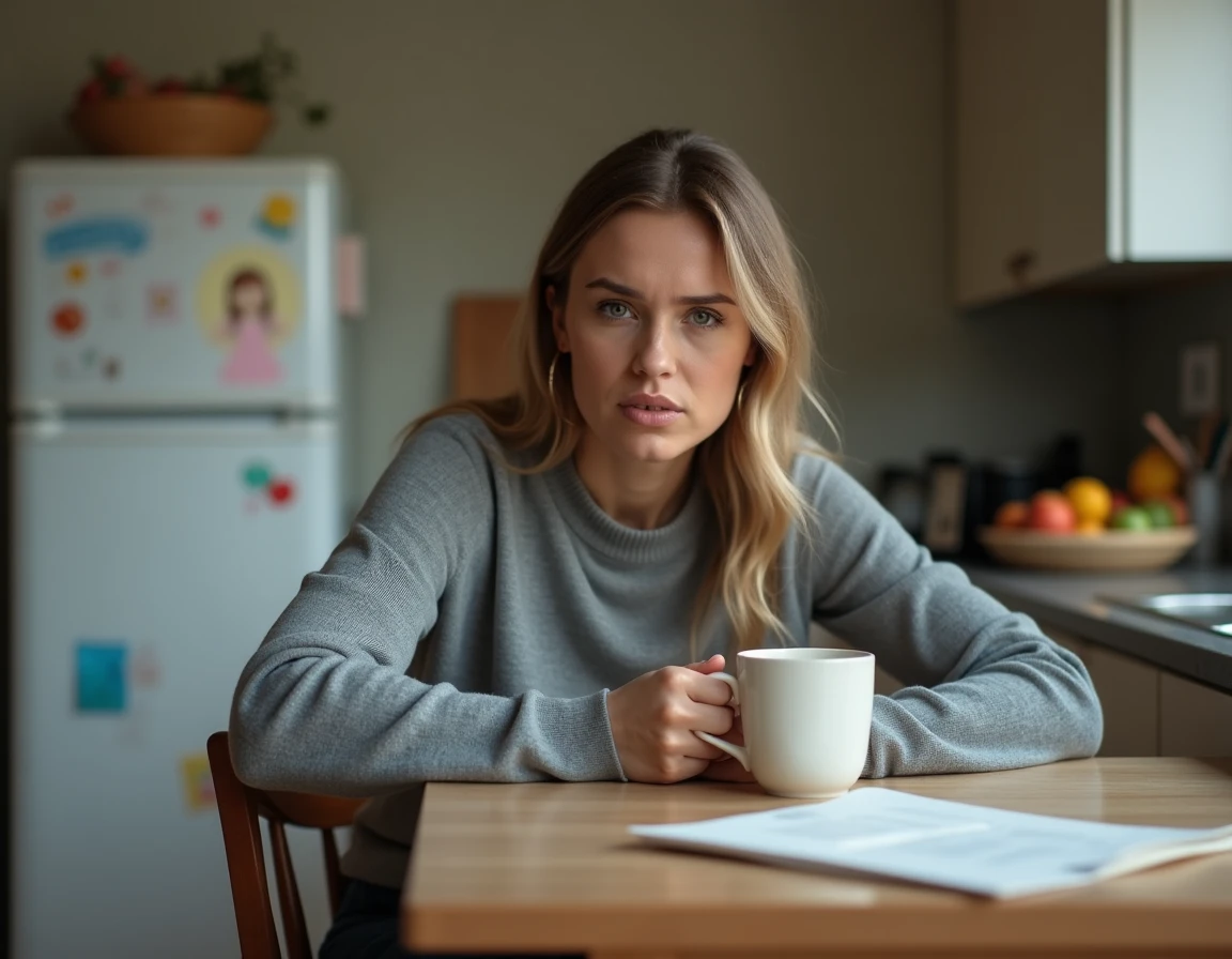 Mère seule à la maison dans un moment de réflexion émotionnelle lié à une procédure de garde