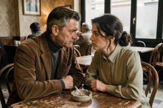 Un homme et une femme des années 1970 en conversation intime dans un bistro parisien, évoquant la complicité entre Jacques Mesrine et María de la Soledad