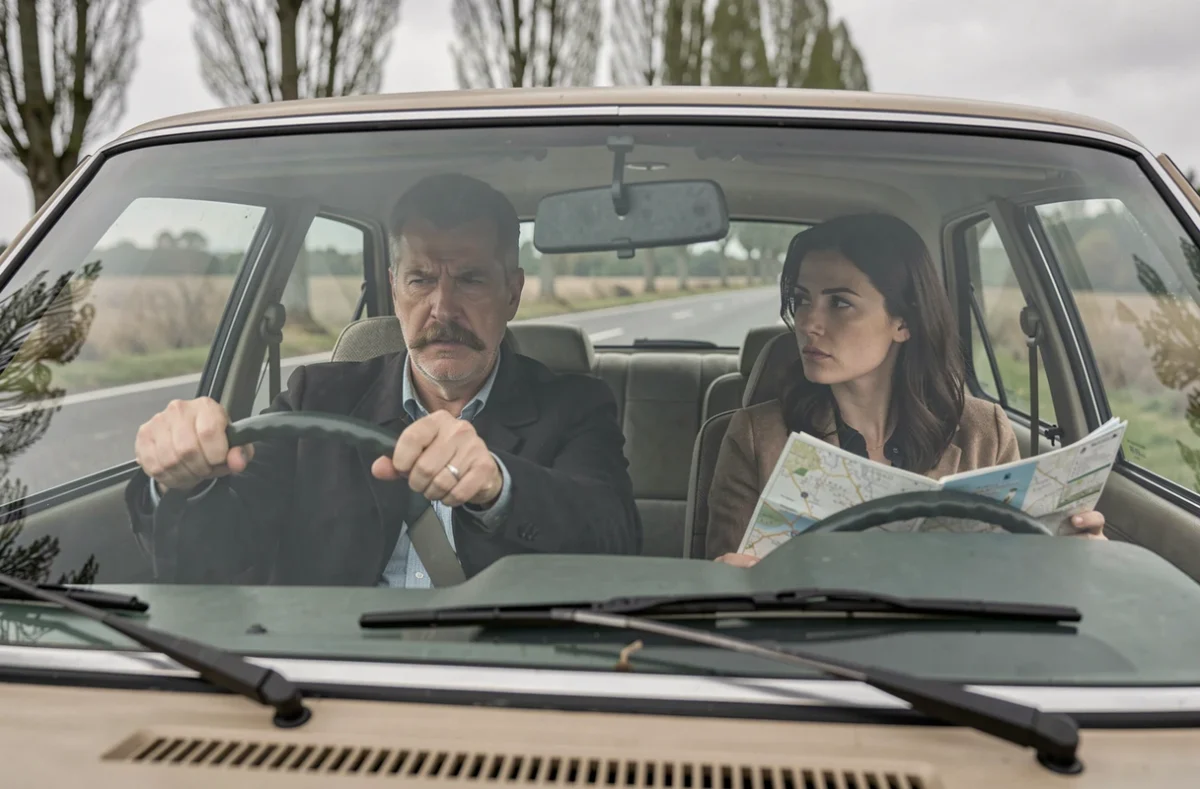 Un homme et une femme dans une voiture ancienne des années 1970, consultant une carte routière, illustrant la cavale de Mesrine et María de la Soledad à travers la France