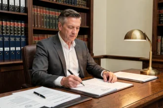Notaire examinant des documents officiels d'adoption simple sur un bureau en bois dans un cabinet juridique
