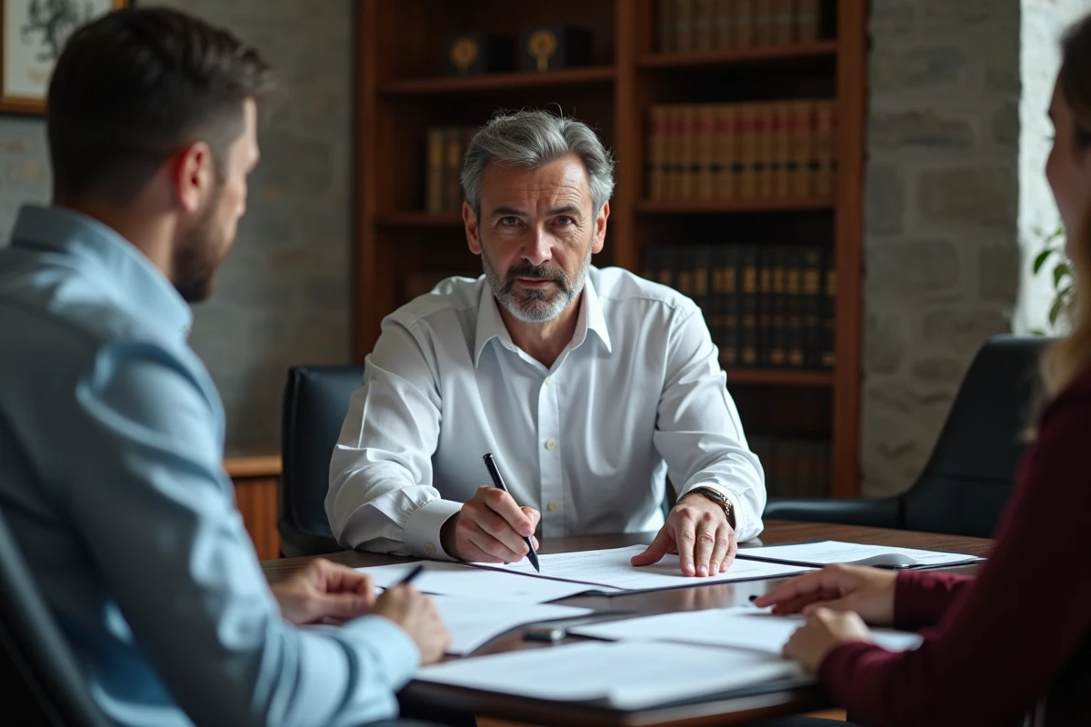Notaire expliquant une clause de renonciation à la soulte à un couple en instance de divorce dans un cabinet notarial