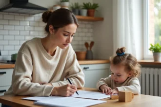 Nounou professionnelle assise à la table de cuisine révisant un contrat de travail à côté d'un enfant en bas âge jouant avec des jouets en bois