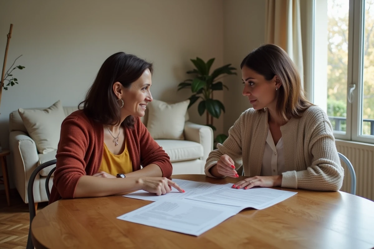 Nounou et parent employeur discutant d'un contrat annuel de 40 heures par semaine autour d'une table dans un intérieur domestique français